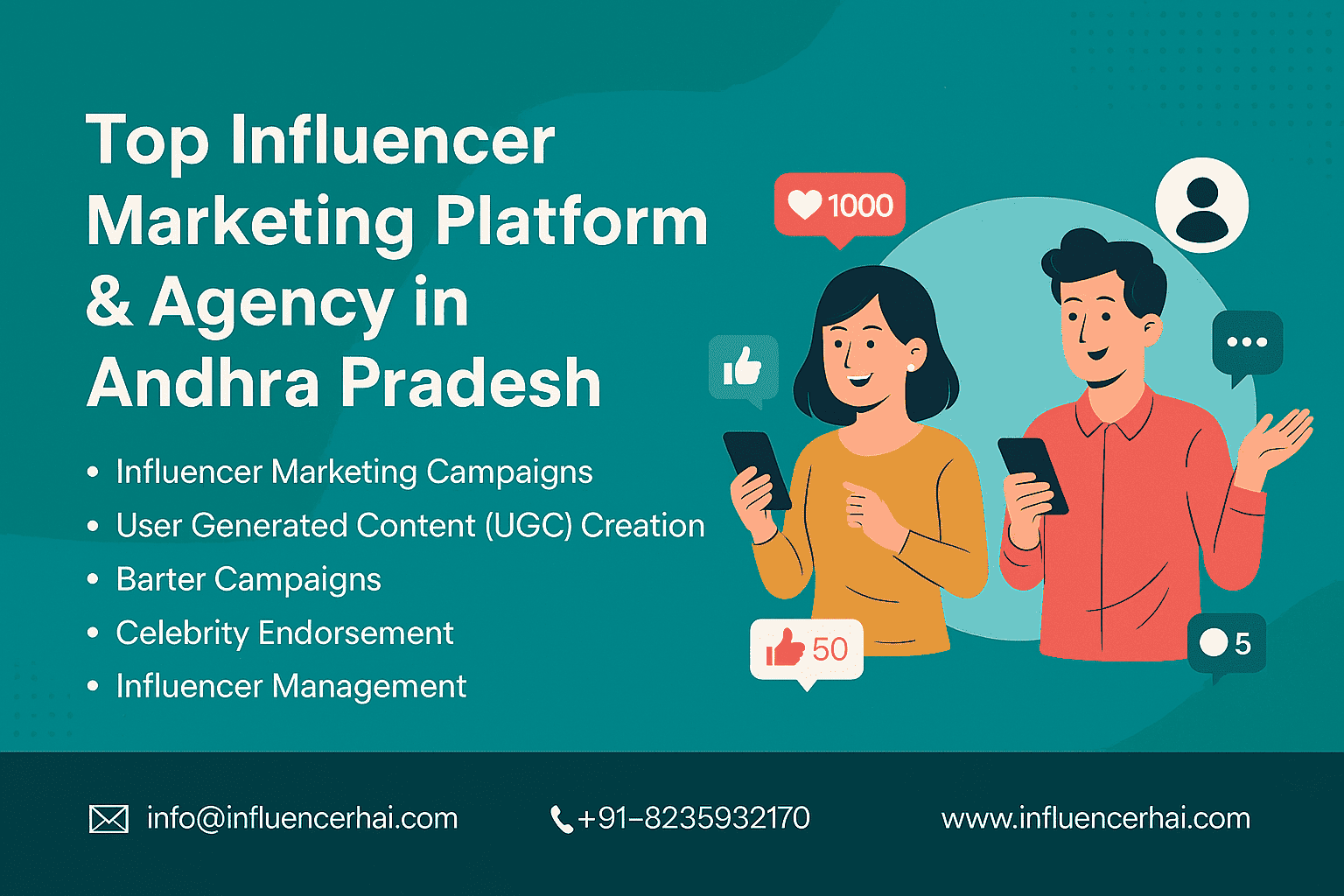 Digital banner displaying services of top influencer marketing agency in Andhra Pradesh by InfluencerHai including UGC creation, celebrity management, barter campaigns, and contact details.